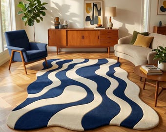 Tappeto ondulato blu crema / Tappeto moderno astratto di metà secolo