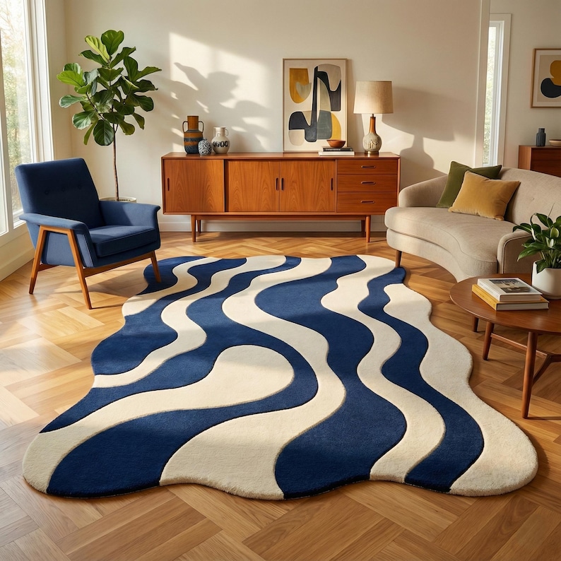 Modern blue and cream wavy area rug with curved edges placed in a mid-century living room, featuring bold flowing abstract patterns.