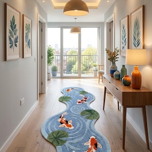 Modern handmade koi pond rug runner designed for hallway or kitchen with sculpted tufted wool texture