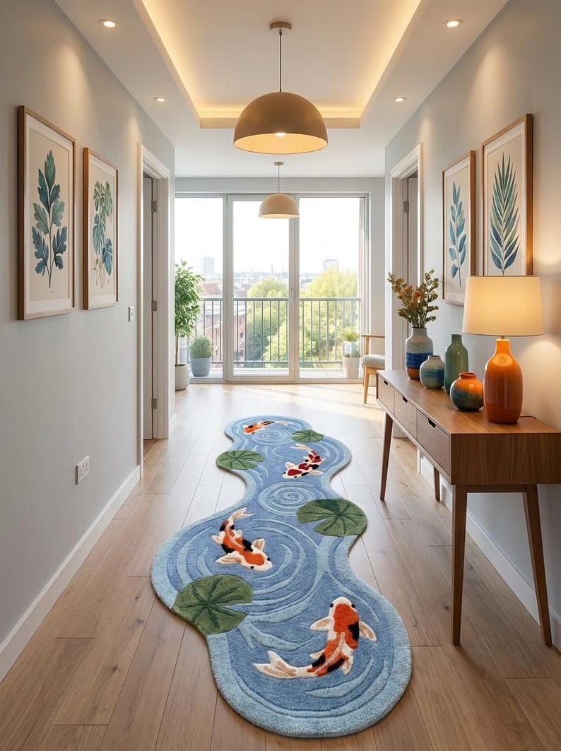 Modern handmade koi pond rug runner designed for hallway or kitchen with sculpted tufted wool texture