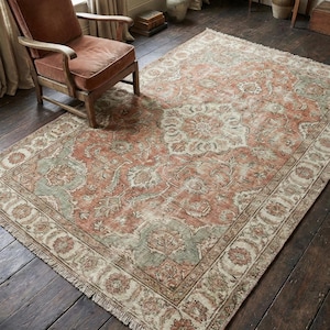 Hand Knotted Oushak Rug, Muted Rust & Sage Green Wool Area Rug, Vintage Style Turkish Carpet, Handmade Living Room Decor, Bedroom Floor Mat