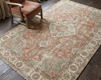Hand Knotted Oushak Rug, Muted Rust & Sage Green Wool Area Rug, Vintage Style Turkish Carpet, Handmade Living Room Decor, Bedroom Floor Mat