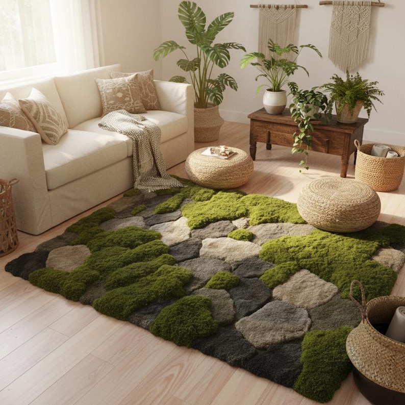 Modern living room styled with moss inspired tufted rug