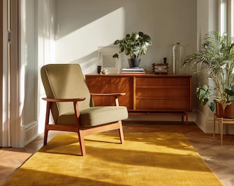 Modern Mustard Yellow Wool Rug, Plain Solid Area Carpet for Living Room & Bedroom