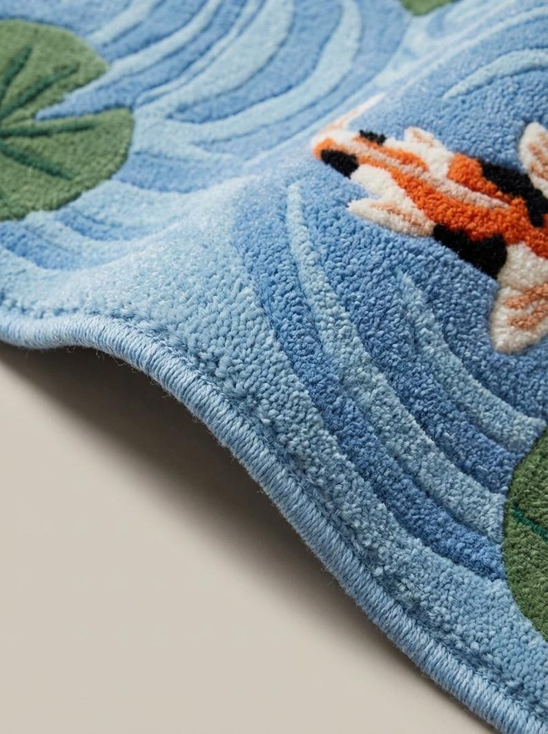 Close up of hand tufted wool rug pile showing carved water ripple texture and raised koi fish details
