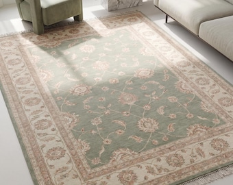 Tappeto Oushak annodato a mano, verde salvia con motivo floreale, tappeto in lana pastello per soggiorno, arredamento vintage in stile turco.