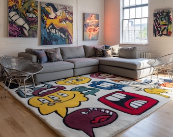 Pop Art Rug | Colorful Cartoon Face Tufted Carpet | Handmade Modern Art Area Rug | Funky Abstract Decor | Contemporary Living Room Accent