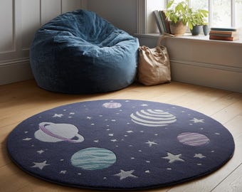 Tappeto in lana per cameretta dei bambini / Tappeto con pianeti galattici annodato a mano