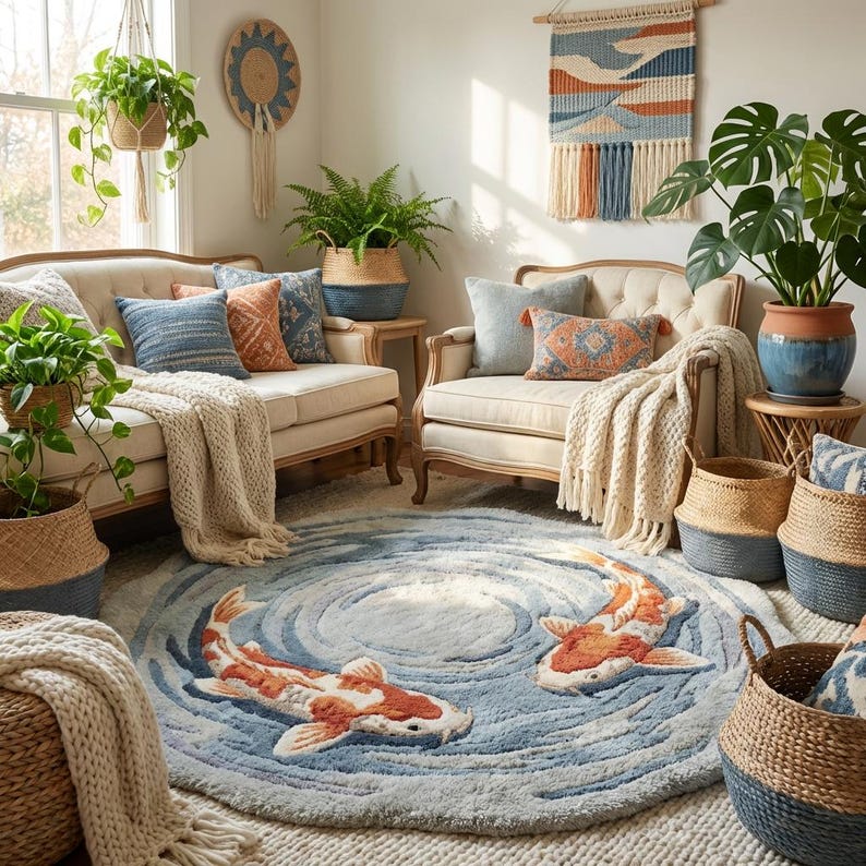 Blue and orange hand tufted round rug with artistic Japanese koi design