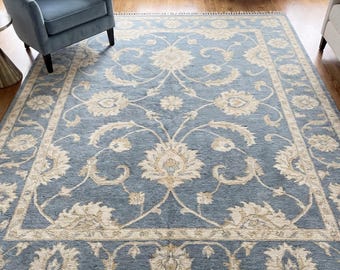 Tappeto Oushak blu annodato a mano 9x12, 8x10 12x14, motivo floreale, in lana, stile persiano, per soggiorno, decorazione tradizionale fatta a mano
