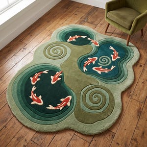 May include: An irregularly shaped area rug featuring a pond motif with multiple orange and white koi fish swimming in deep green and teal water. The rug has a textured surface with concentric circular patterns and swirling designs in shades of green.