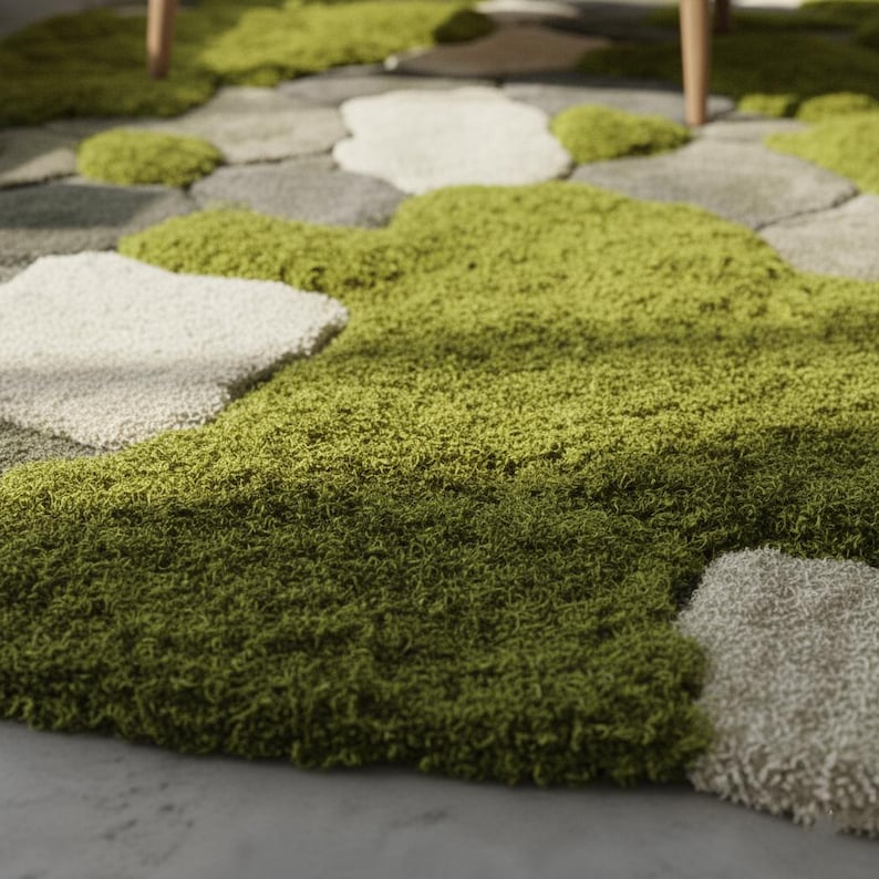 May include: A green and gray area rug with a unique design. The rug features a textured, moss-like appearance in shades of green, with stone-shaped accents in gray and off-white. The rug is designed to resemble a natural landscape.