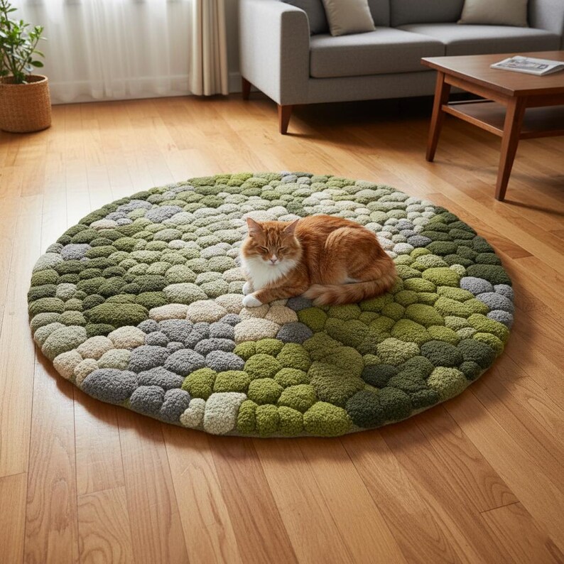 Nature-inspired circle rug styled with moss-like texture and soft stones.