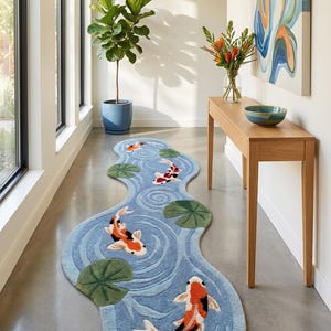 Artistic koi fish carpet runner placed between kitchen cabinets with pond inspired water swirl pattern