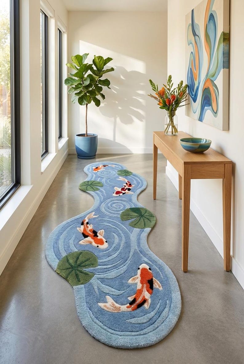 Artistic koi fish carpet runner placed between kitchen cabinets with pond inspired water swirl pattern