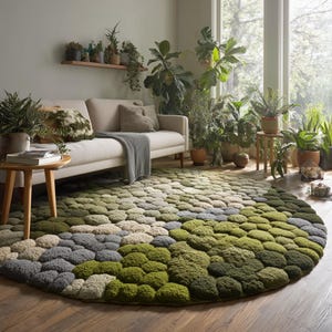 Round moss and stone-inspired rug with 3D tufted green and grey design.