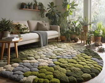 Tappeto in pietra di muschio 3D: tappeto circolare con texture verde e grigio