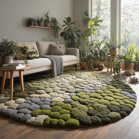3D Moss Stone Rug: Green and Grey Textured Circle Rug Teppich