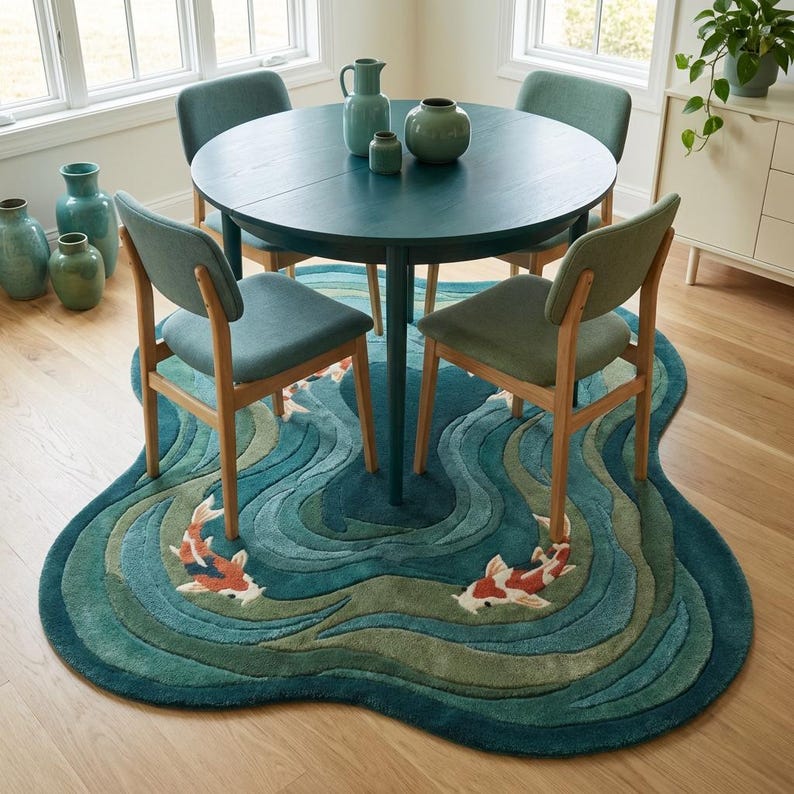 May include: A teal round dining table with four chairs sits on a unique rug. The rug features a koi pond design with shades of blue and green, and two koi fish. The chairs have wooden frames and teal seats and backs.