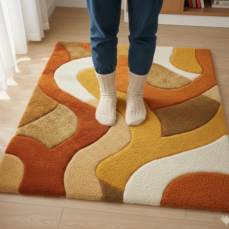 May include: A rectangular rug with a retro design featuring wavy patterns in shades of orange, brown, yellow, beige, and white. The rug has a textured, plush appearance. A person wearing blue jeans and white socks is standing on the rug.