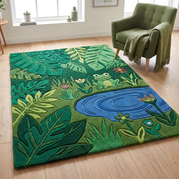 Hand Tufted Kids Jungle Rug Carpet, Frog Pond Playroom Area Rug, Green Botanical Nursery Decor, Nature Theme Kids Room