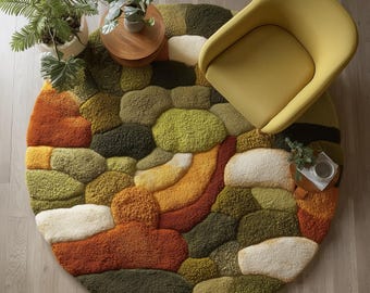 Round Moss Rug | 3D Stone Pebble Carpet, Boho Decor