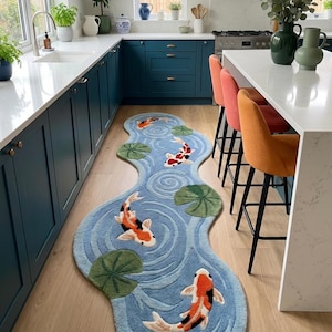 Decorative koi fish runner rug featuring flowing pond shape and vibrant fish artwork for modern interiors