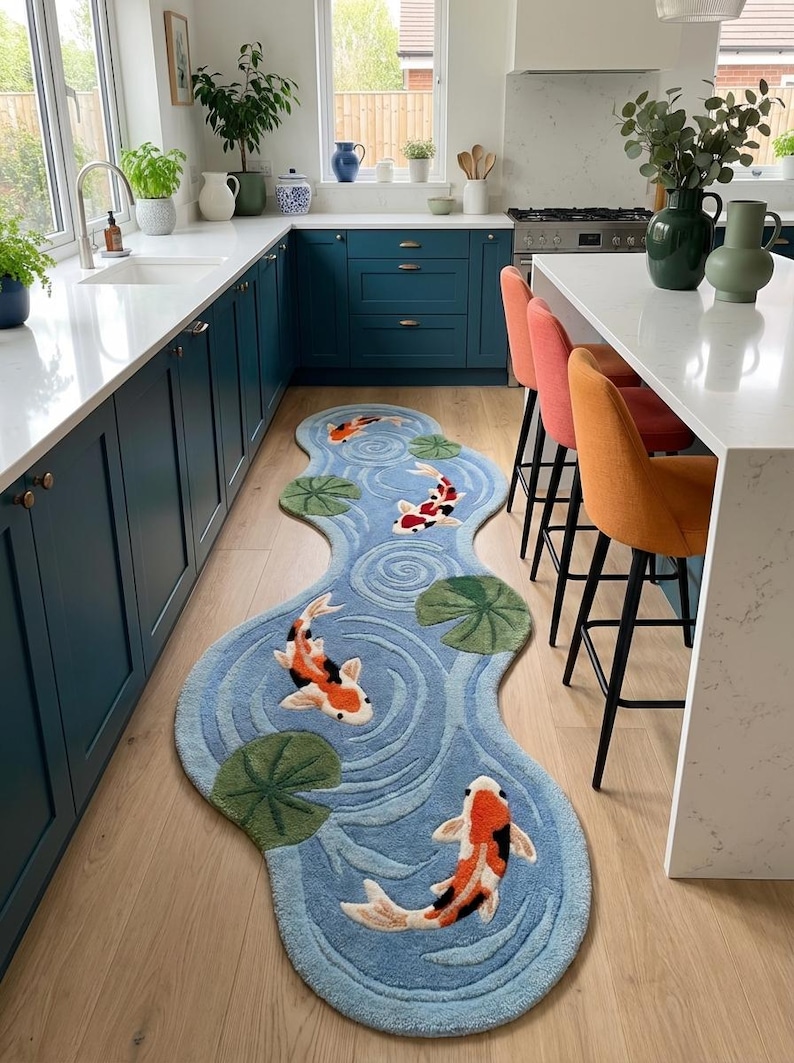 Decorative koi fish runner rug featuring flowing pond shape and vibrant fish artwork for modern interiors