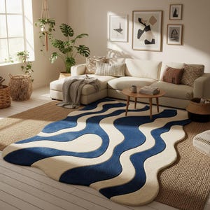 Curved abstract rug with blue waves and cream accents, adding contemporary décor to a bright, stylish living space.