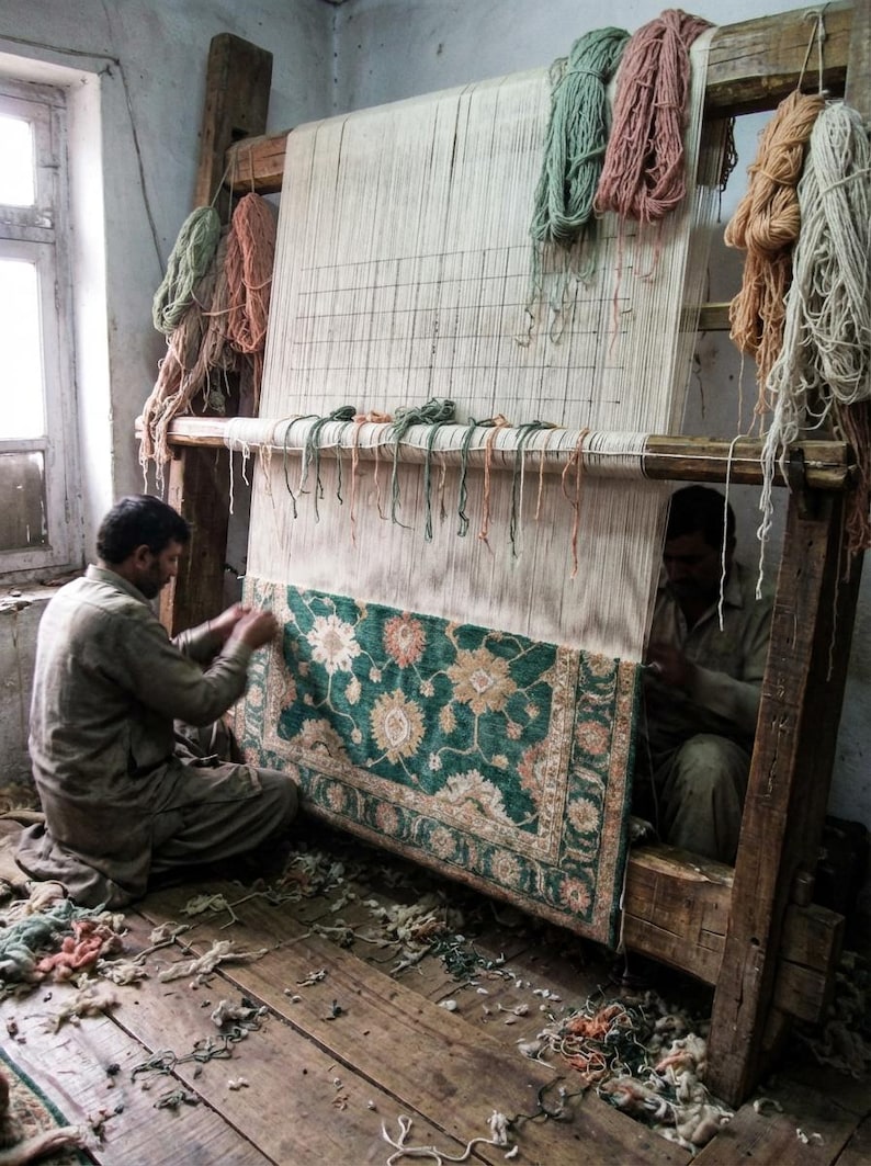 May include: Two people weaving a rug on a large wooden loom. The rug features a green and floral design. Various colored yarn bundles hang from the loom. The room has a rustic, aged appearance.