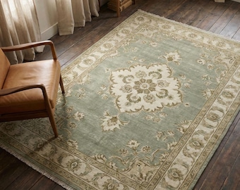 Sage Green Oushak Hand Knotted Floral Medallion Wool Rug