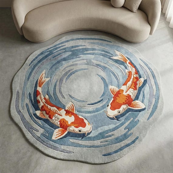 Hand Tufted Round Koi Fish Rug Blue Orange Decor