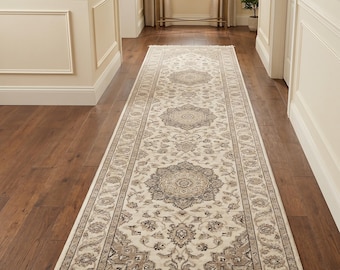 Hand Knotted Oushak Runner Rug, Vintage Persian Style Carpet for Hallway Entryway Traditional Beige Wool Decor