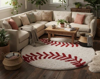 Tappeto da baseball fatto a mano, rotondo/trapuntato, decorazione sportiva per la cameretta dei bambini