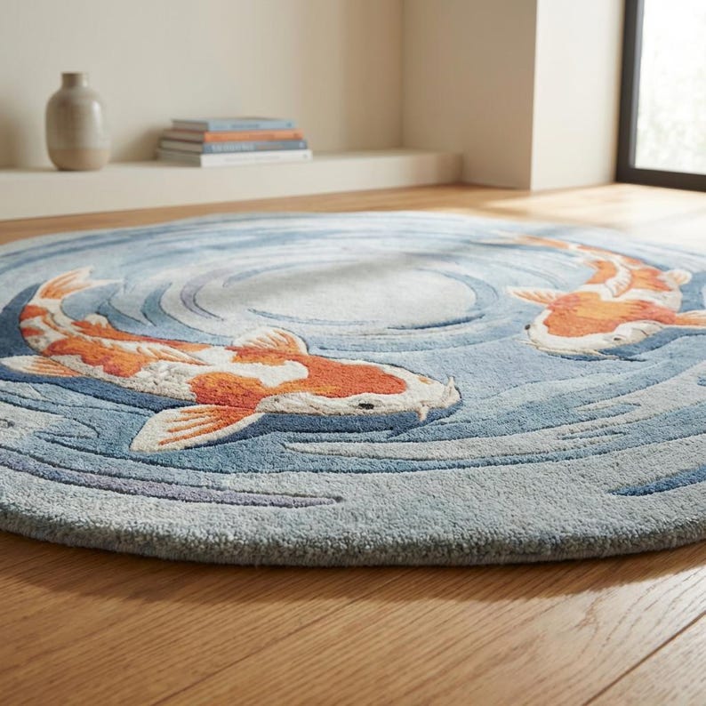 May include: Round blue rug with a koi fish design. The rug features two orange and white koi fish swimming in a blue water pattern. The rug is made of a soft, textured material and is suitable for a living room or bedroom.