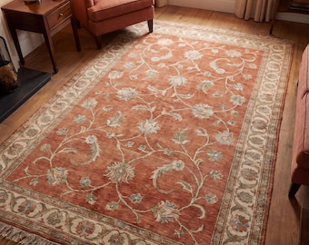 Terracotta Oushak Rug Hand Knotted Wool Floral Carpet Vintage Style Area Rug Warm Living Room Decor