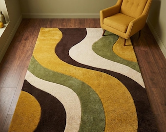 Retro Wavy Area Rug, Mid Century Modern Mustard Green Abstract Wool Rug