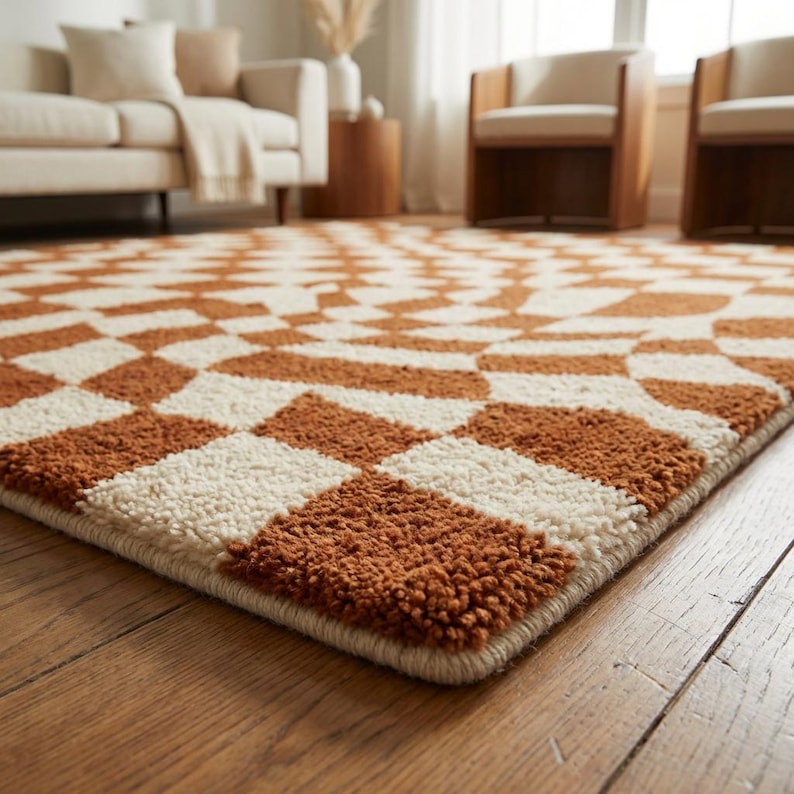 Rectangular modern tufted rug featuring abstract wavy checkerboard pattern in warm terracotta tones