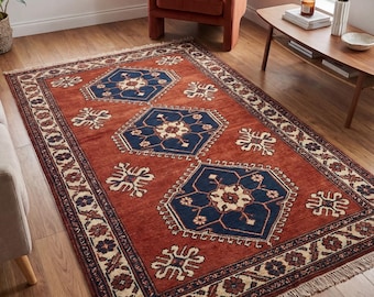 Tappeto in lana annodato a mano tribale rosso ruggine 8x10 stile geometrico Kazak, decorazione per soggiorno