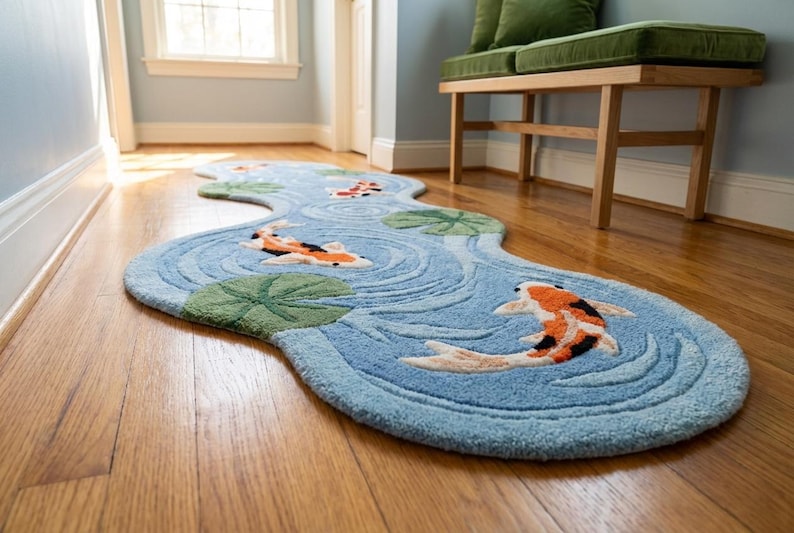 Puede incluir: Una alfombra azul con forma de agua con un dise&ntilde;o de estanque de carpas koi. La alfombra presenta peces koi en naranja, negro y blanco, junto con nen&uacute;fares verdes. La alfombra est&aacute; colocada sobre un suelo de madera.