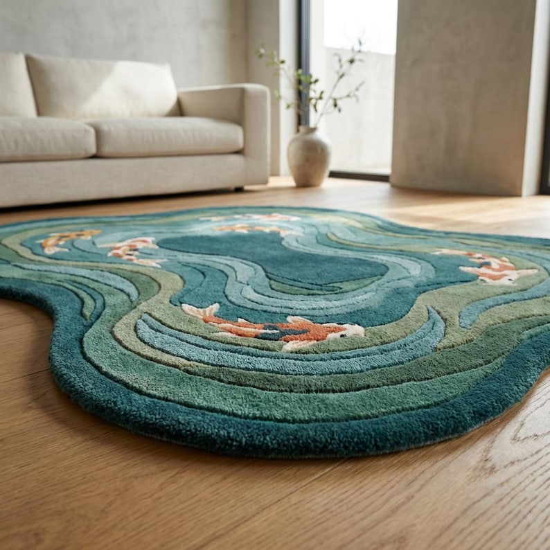 Unique organic shape teal green living room rug designed as statement décor centerpiece.