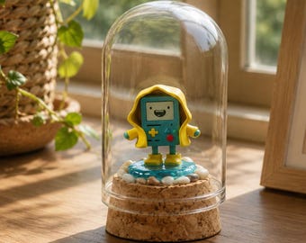 Adventure Time BMO Miniature In Glass Dome Cloche, Raincoat BMO Figurine Diorama, Cute Desk Decor, Handcrafted Gift For Cartoon Fans
