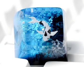 Black White Koi Fish Artisan Keycap For Mechanical Keyboard, Deep Blue Resin Custom Keycap, Cherry Profile Koi Pond Esc Keycap Gift