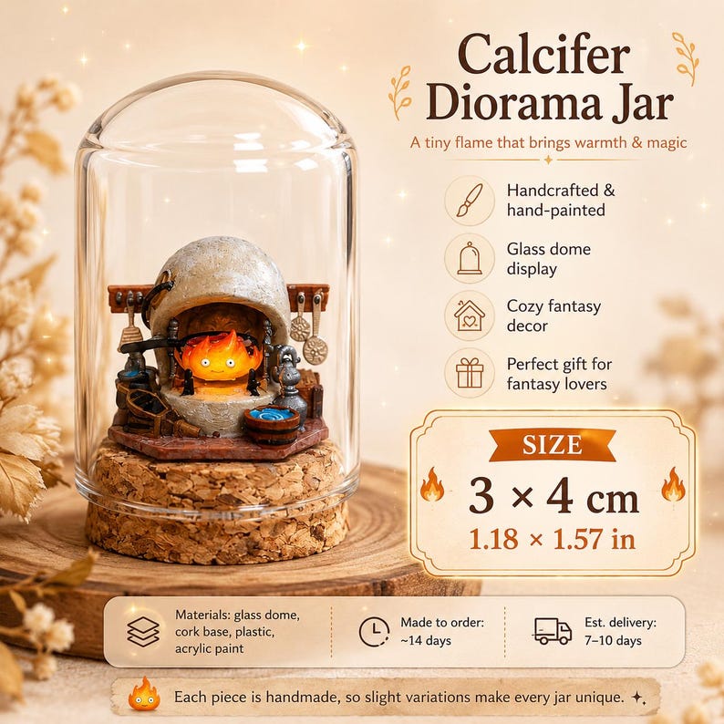 May include: A Calcifer diorama jar featuring a miniature orange flame character inside a stone-colored hearth, enclosed in a clear glass dome on a cork base. The display includes kitchen tools and measures 3 by 4 cm or 1.18 by 1.57 inches.