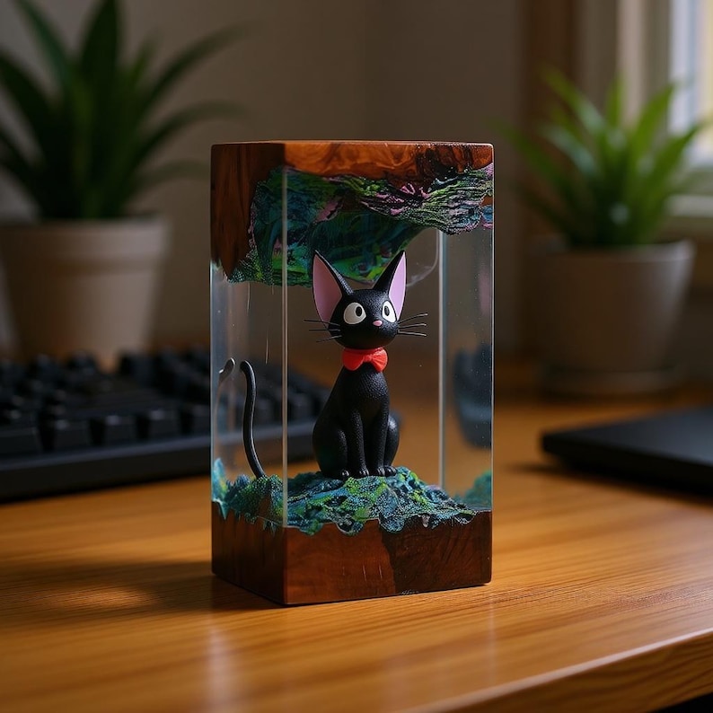 Ji.ji Black Cat Wood Resin Lamp, Kiki's Delivery Service Inspired, Handmade Anime Desk Light, Unique Ghibli Fan Art Decor Gift image 6