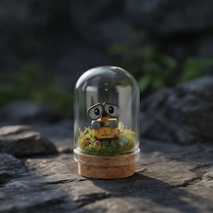 May include: A small yellow and grey robot figurine with large binocular eyes and the text WALL-E printed on its front, enclosed within a clear glass dome on a circular cork base, resting on a bed of green moss with tiny colorful scattered objects.