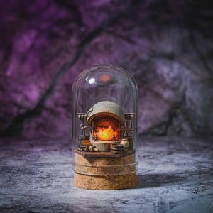 May include: A miniature diorama enclosed in a clear glass dome with a cork base. Inside, a small stone-like hearth contains a glowing orange flame character with a face. The scene includes tiny tools, wooden buckets, and a small anvil on a platform.