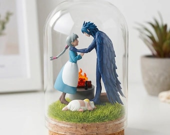 Howl's Moving Castle Inspired Glass Dome Diorama, Sophie And Bird Howl Resin Miniature, Ghibli Fan Gift, Anime Table Decor
