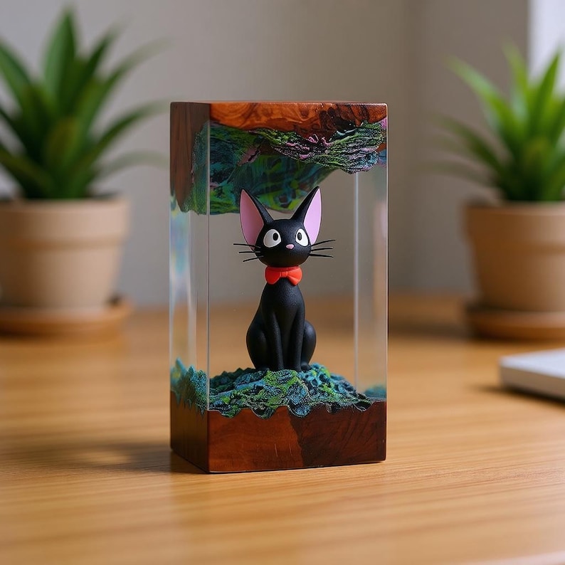 Ji.ji Black Cat Wood Resin Lamp, Kiki's Delivery Service Inspired, Handmade Anime Desk Light, Unique Ghibli Fan Art Decor Gift image 4