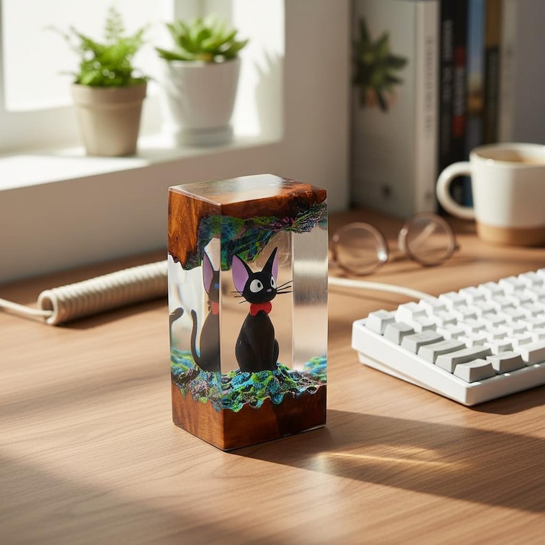 Ji.ji Black Cat Wood Resin Lamp, Kiki's Delivery Service Inspired, Handmade Anime Desk Light, Unique Ghibli Fan Art Decor Gift image 7